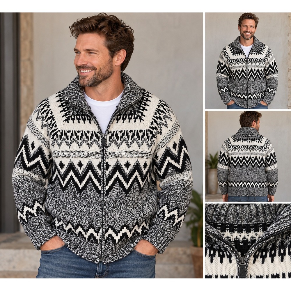 Old Navy Cardigan Sweater Fair Isle Geometric Black White Full Zip Mens XL